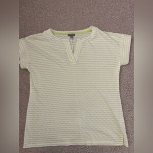 Women Talbots medium short sleeve blouse yellow white stripe textured v neck